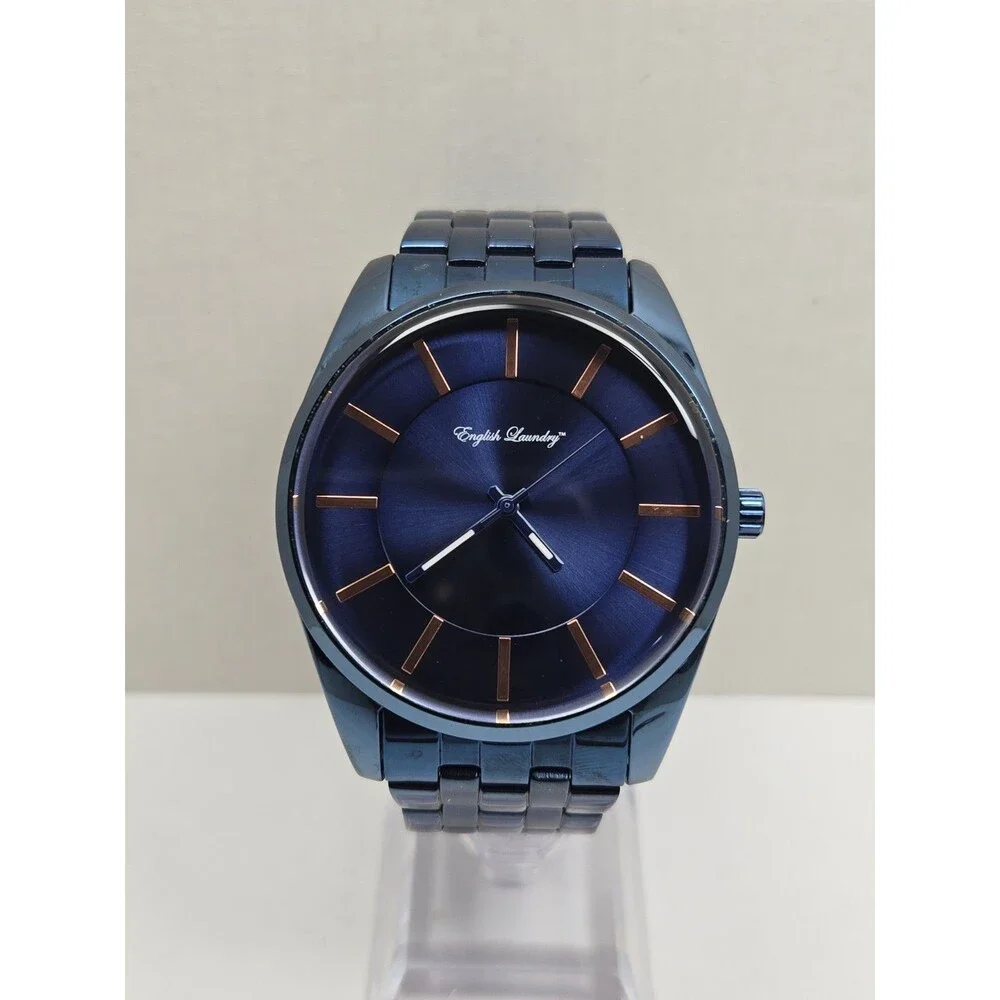 English Laundry EL7957 Mens Blue Rose Gold 45mm Quartz Classic Watch New Battery